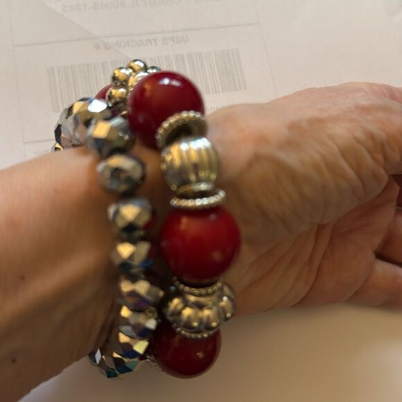 Red and Silver Beaded Stretch Bracelets Set of 2 - Picture 2 of 5